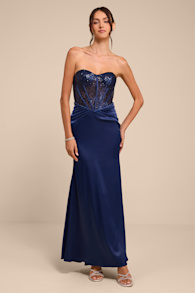 Ria Navy Blue Sequin Strapless Mermaid Maxi Dress 2