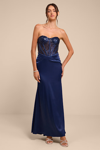 Ria Navy Blue Sequin Strapless Mermaid Maxi Dress 2