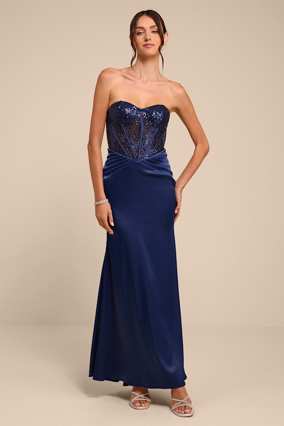 Ria Navy Blue Sequin Strapless Mermaid Maxi Dress 2