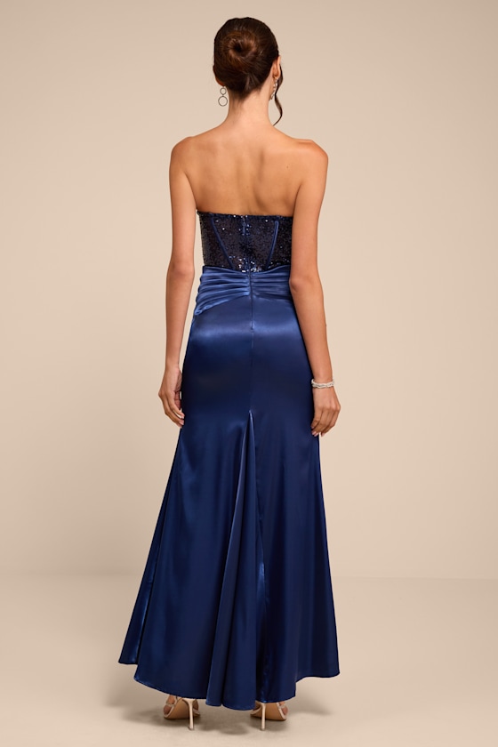 Ria Navy Blue Sequin Strapless Mermaid Maxi Dress - thumbnail 3