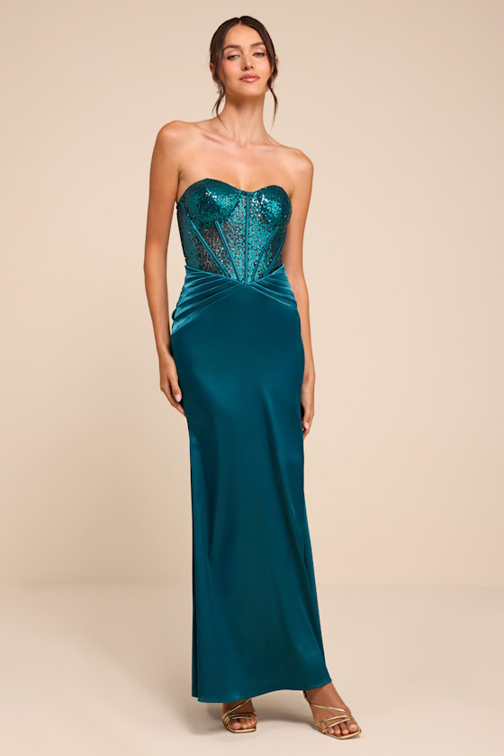 Ria Emerald Sequin Strapless Mermaid Maxi Dress 2