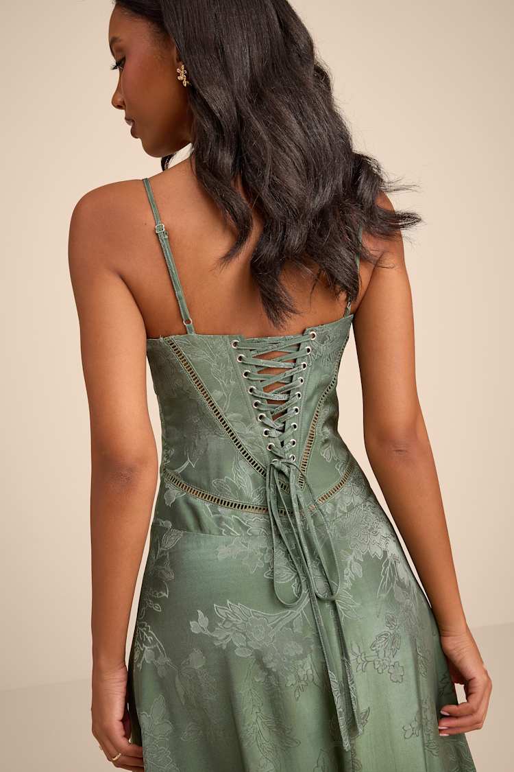 Sage Floral Jacquard Dress - Satin Jacquard Dress - Lace-Up Dress - Lulus