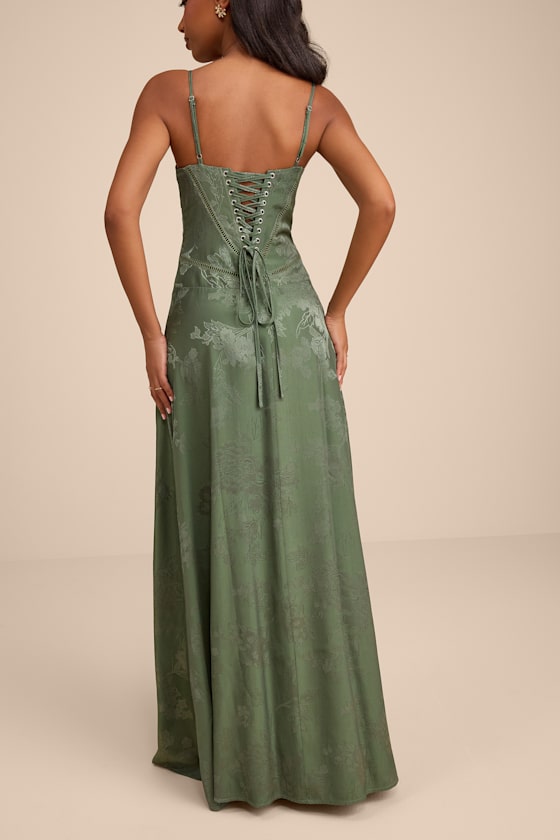 Sage Floral Jacquard Dress - Satin Jacquard Dress - Lace-Up Dress