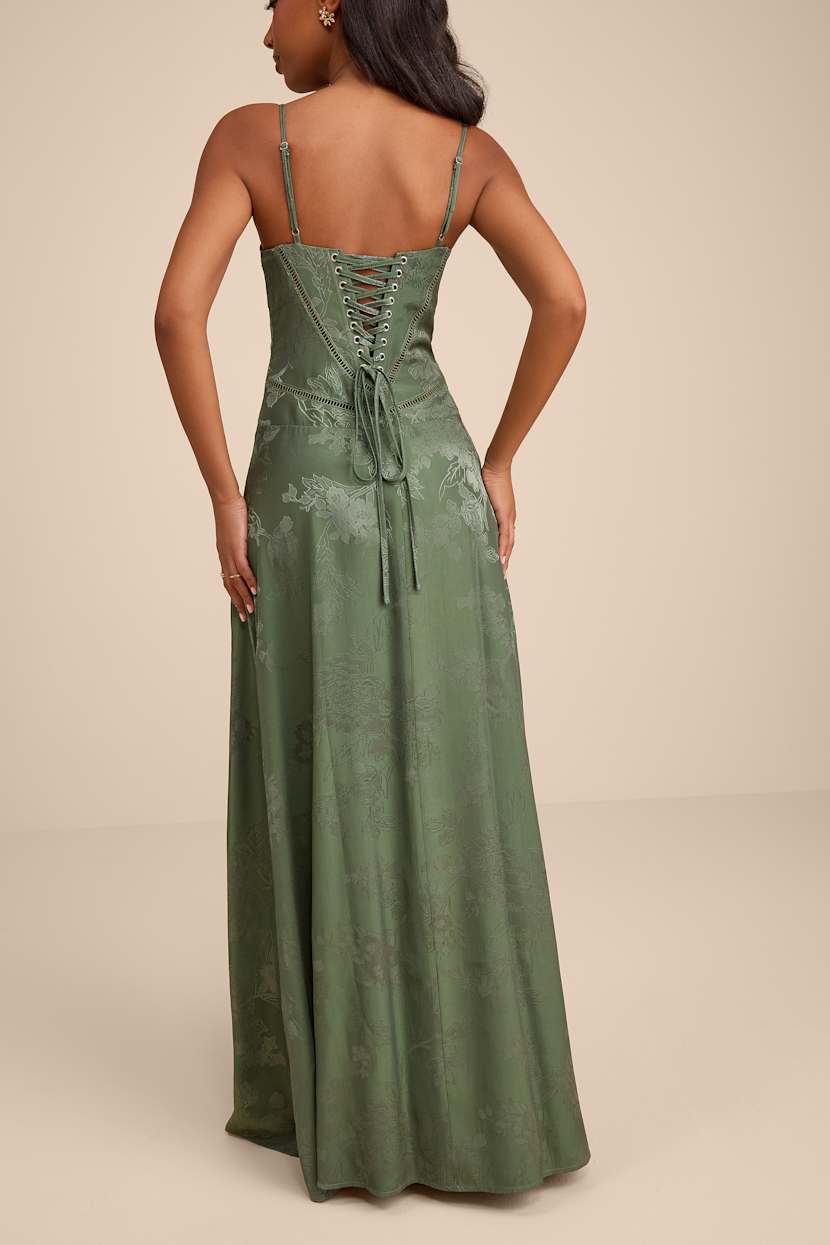 Sage Floral Jacquard Dress - Satin Jacquard Dress - Lace-Up Dress - Lulus