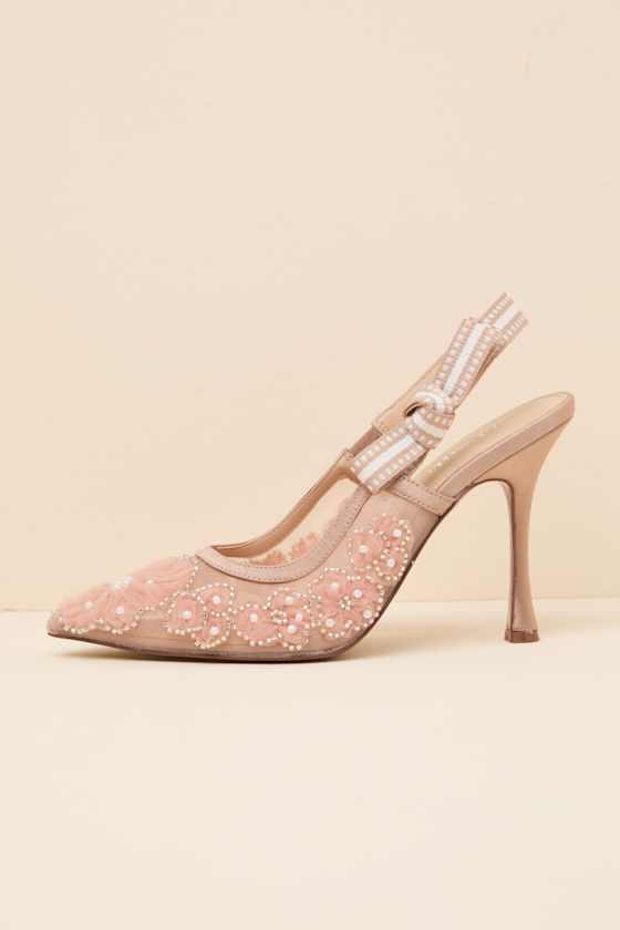 Bri Blush Mesh Ribbon Pointed-Toe Slingback Pumps