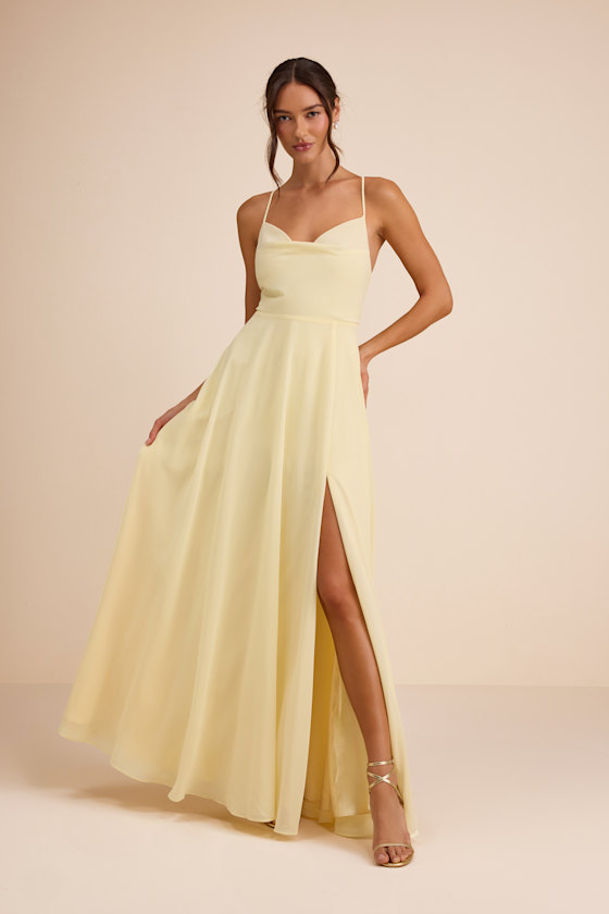 Light Yellow Chiffon Dress - Cowl Neck Maxi Dress - Lace-Up Dress