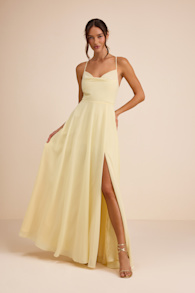 Romantically Speaking Light Yellow Cowl Lace-Up Maxi Dress 1