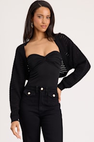 Perfectly Comforting Black Pointelle Open-Front Shrug Sweater 1