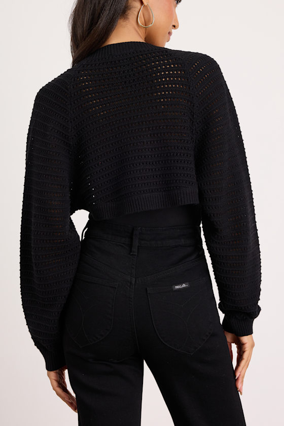 Perfectly Comforting Black Pointelle Open-Front Shrug Sweater 2