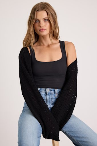 Perfectly Comforting Black Pointelle Open-Front Shrug Sweater 1