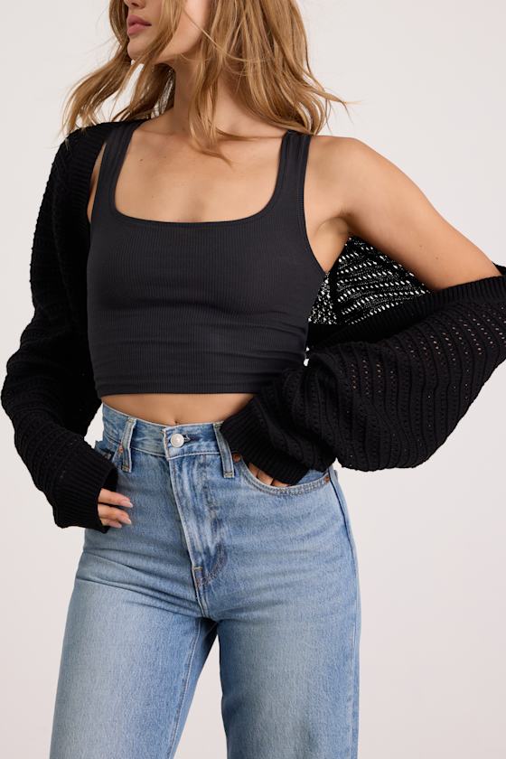 Perfectly Comforting Black Pointelle Open-Front Shrug Sweater - thumbnail 5