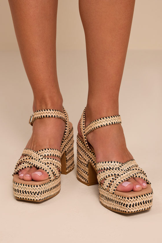 St. Barts Natural and Black Raffia Platform Sandals - thumbnail 3