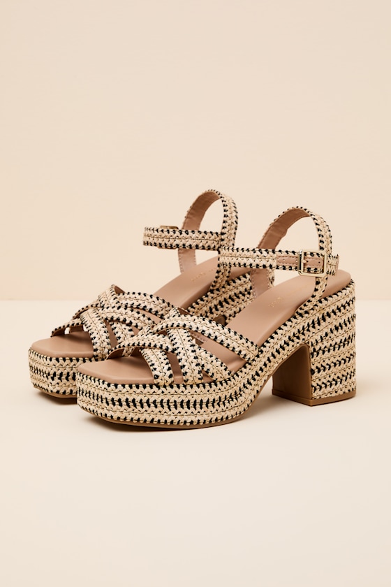 St. Barts Natural and Black Raffia Platform Sandals - thumbnail 5