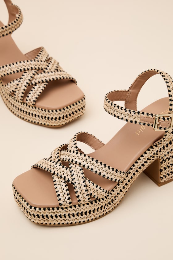 St. Barts Natural and Black Raffia Platform Sandals - thumbnail 6