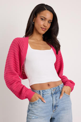 Perfectly Comforting Fuchsia Pointelle Open-Front Shrug Sweater 1