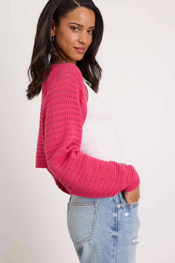 Perfectly Comforting Fuchsia Pointelle Open-Front Shrug Sweater 2