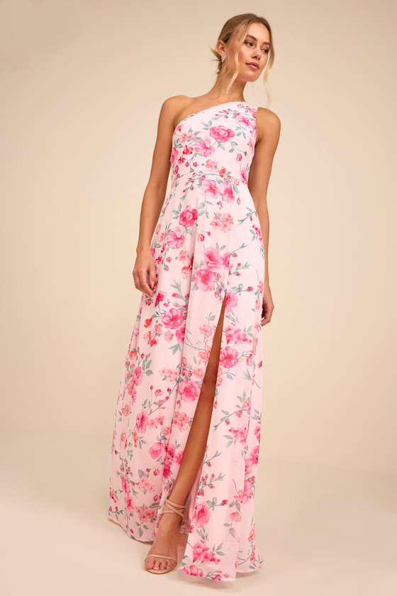 Light Pink Floral One-Shoulder Maxi Dress | Womens | Medium (Available in S, L, XL) | 100% Polyester | Lulus