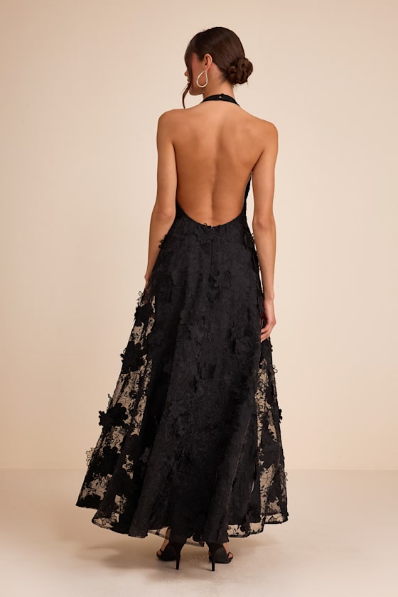 Black Halter Maxi - 3D Floral Embroidered Dress - Backless Dress