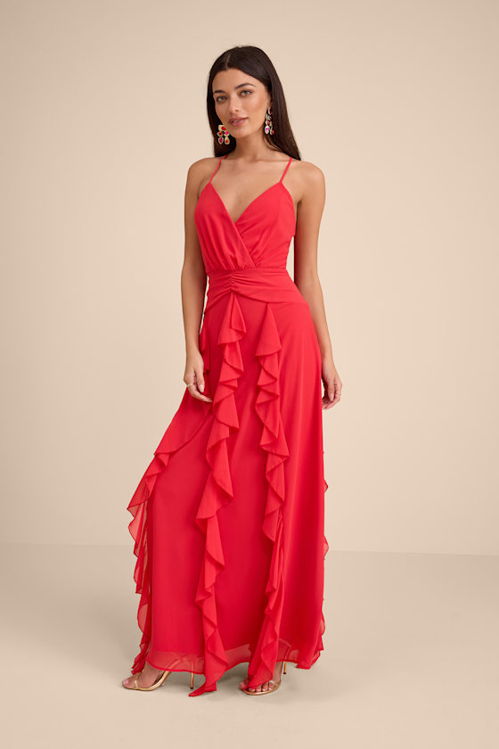 Image of Astraea Red Surplice Ruffled Maxi Dress