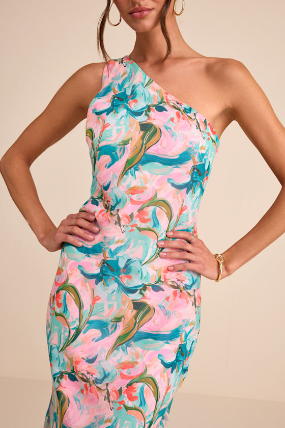 Pink Multi Abstract Maxi Dress - One-Shoulder Maxi - Sash Maxi - Lulus