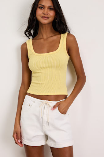 Maddie White Mid-Rise Drawstring Denim Shorts 1