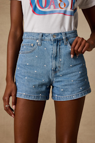 Knockout Medium Wash Polka Dot Denim Shorts 1