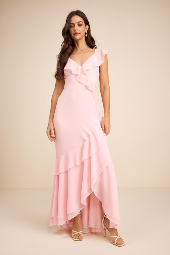 Charming Event Light Pink Asymmetrical Ruffled Maxi Dress 1
