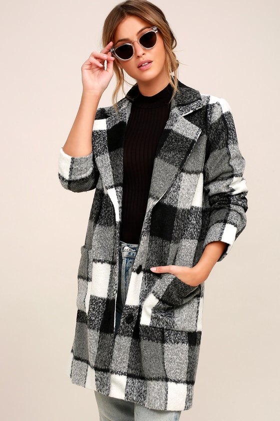 Cozy Black and White Plaid Coat - Brushed Wool Coat - Lulus