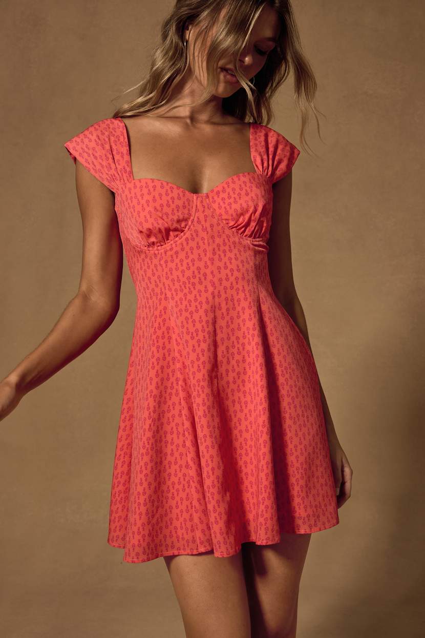 Coral Ditsy Floral Dress - Fit-and-Flare Dress - Cap Sleeve Dress - Lulus