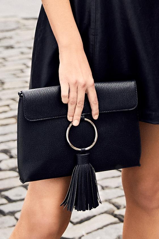 Trendy Black Tassel Clutch Folded Clutch Vegan Leather Clutch 39.00