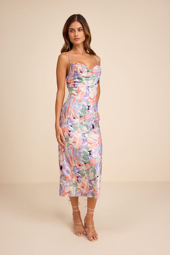 Image of Favorite Icon Lavender Floral Satin Cowl Neck Slip Midi Dress