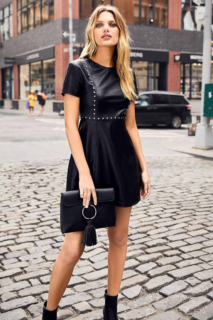 Sexy Black Vegan Leather Dress - Studded Skater Dress - LBD - Lulus