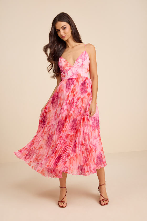 Pink Multi Floral Dress - Pleated Midi Dress - Floral Midi Dress