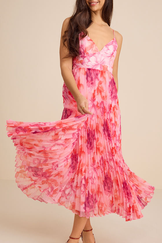 Pink Multi Floral Dress - Pleated Midi Dress - Floral Midi Dress