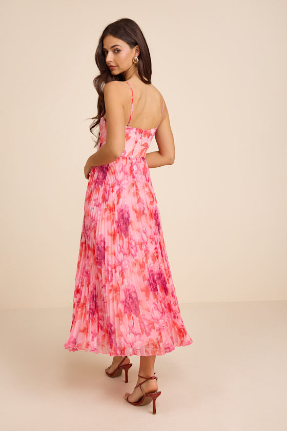 Pink Multi Floral Dress - Pleated Midi Dress - Floral Midi Dress