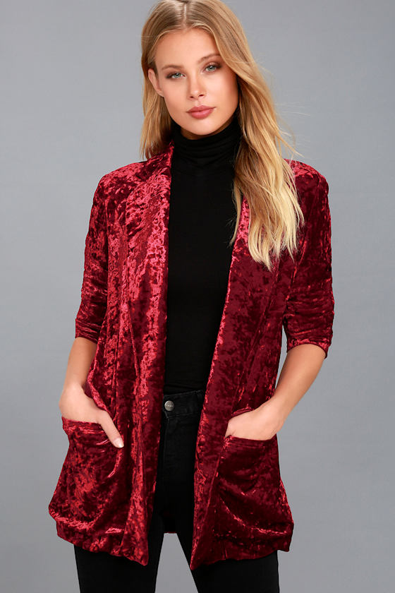 Fun Wine Red Blazer Crushed Velvet Blazer Lulus
