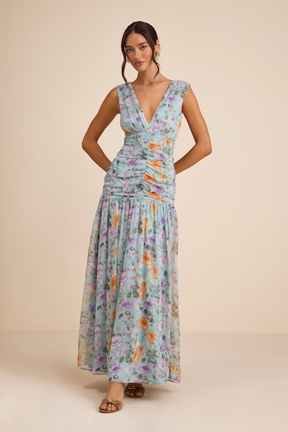 LULUS Melisandre Light Blue Floral Drop Waist Maxi Dress
