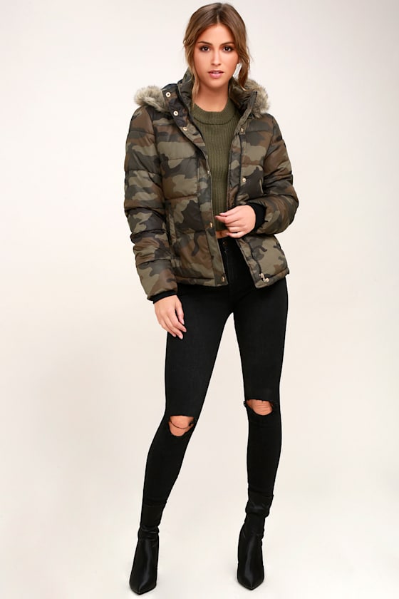 Cadet Cutie Army Green Camo Print Faux Fur Puffer Jacket 1