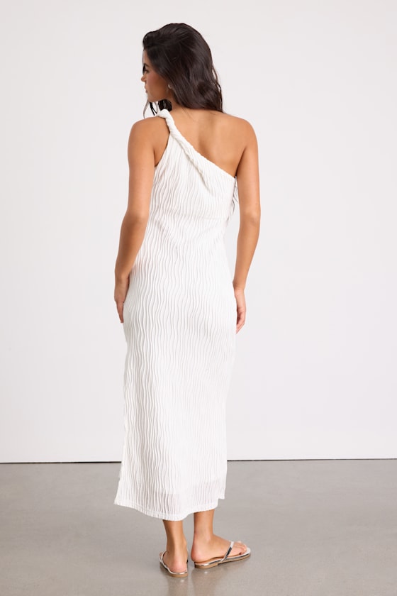 White Midi Dress - One-Shoulder Midi Dress - Textured Midi Dress - Image 3