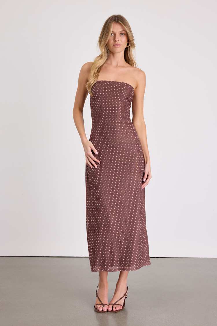 polka dot brown midi dress Davica Chocolate Brown and Cream Polka Dot Midi Dress – Style Cheat main image 0