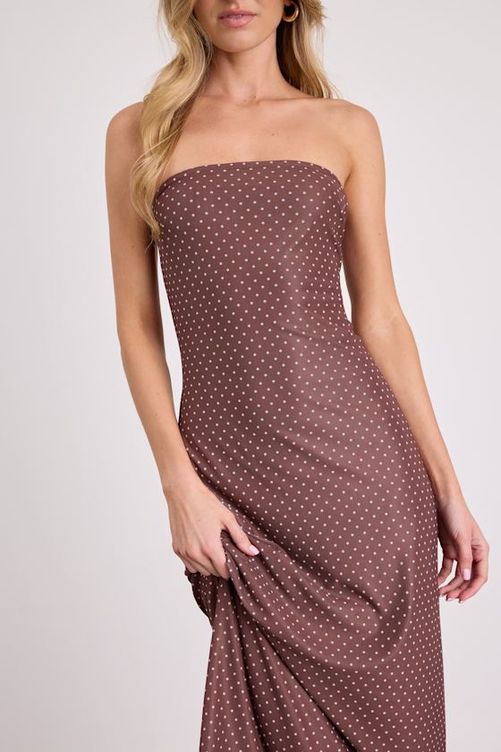 Jaylah Brown Polka Dot Mesh Strapless Midi Dress 2