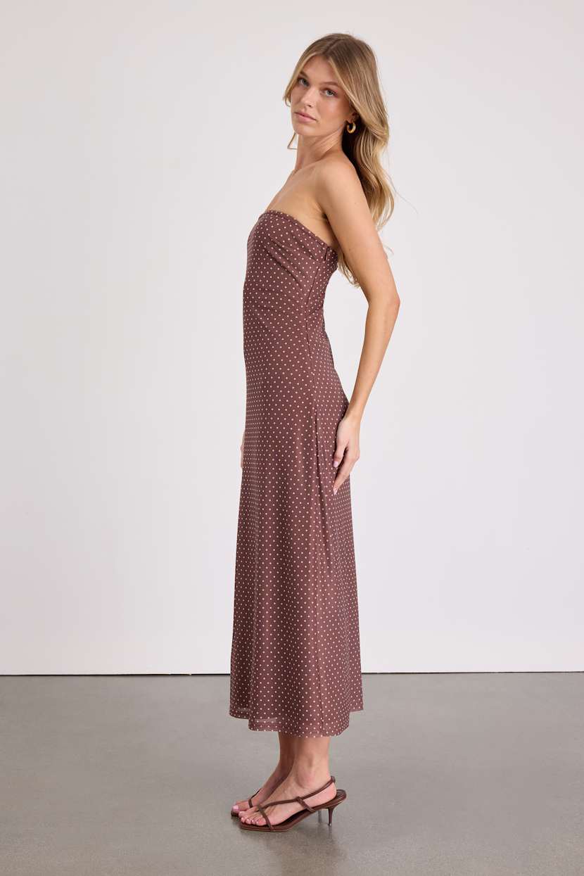 brown polka dot midi dress Delaney V Neck Frill Midi Dress Brown Brown / Pink Polka Dot main image 1
