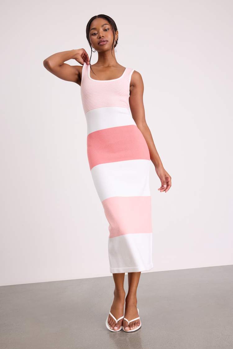 square neck evening dress Genevieve Square Neck Sleeveless Midi Dress | Color - Pink / 0