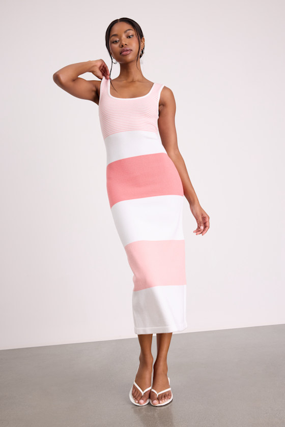 Easily Gorgeous Ivory and Pink Striped Midi Sweater Dress 1