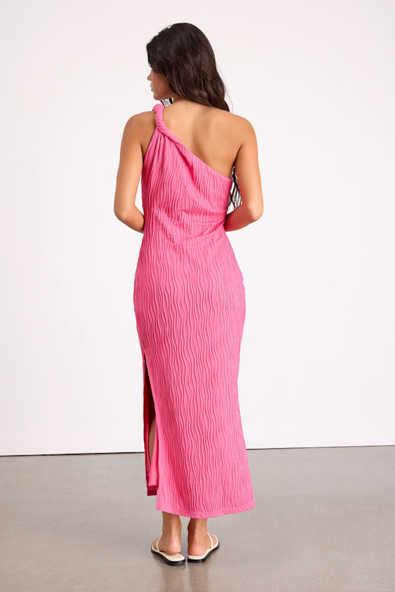 Pink Textured Dress - One-Shoulder Dress - Pink Midi Dress - Image 3