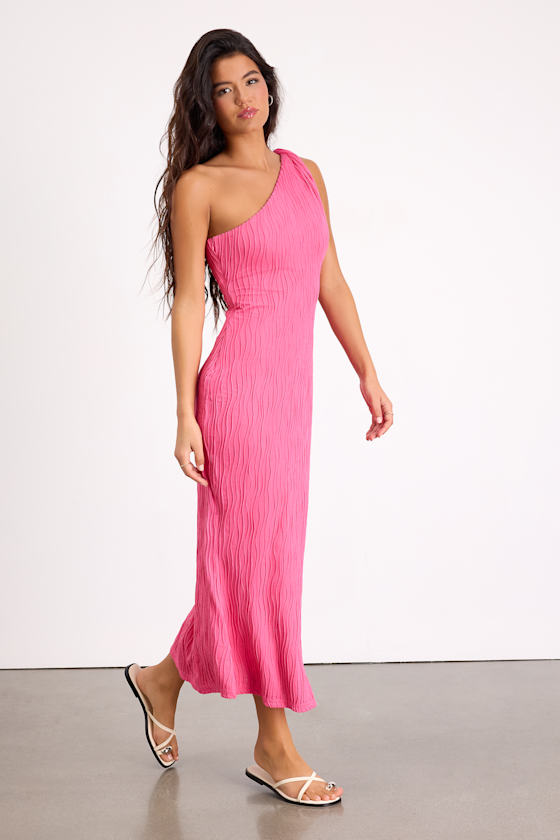 Pink Textured Dress - One-Shoulder Dress - Pink Midi Dress - Image 4