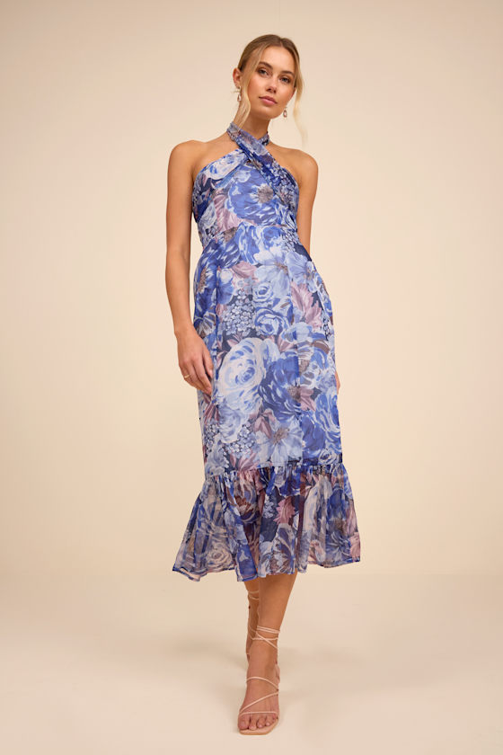 Juno Blue Multi Floral Halter Trumpet Midi Dress - thumbnail 4