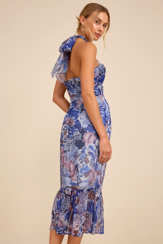 Juno Blue Multi Floral Halter Trumpet Midi Dress - thumbnail 3