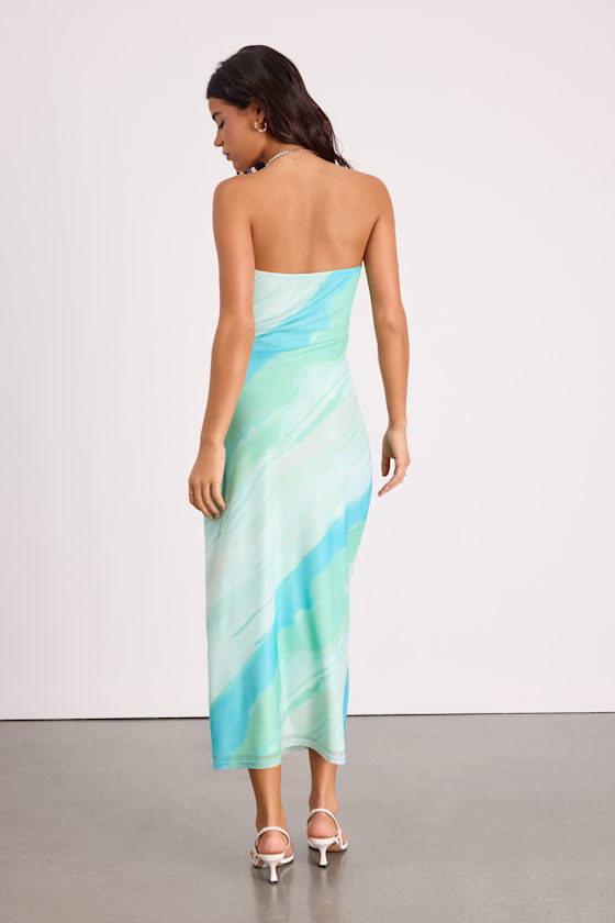 Mint Green & Blue Mesh Dress - Strapless Dress - Mesh Midi Dress - Image 3