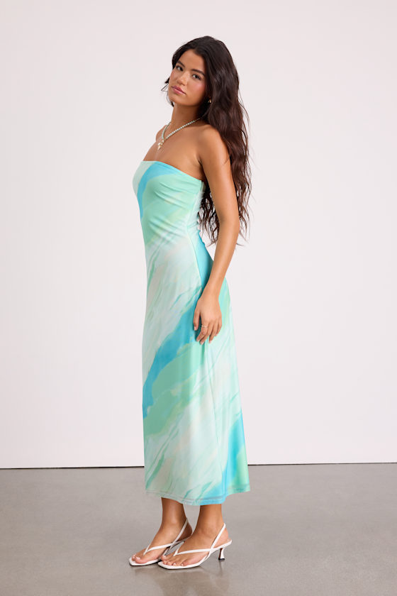 Mint Green & Blue Mesh Dress - Strapless Dress - Mesh Midi Dress - Image 4